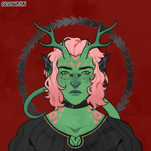 picrew by crowesn of a ghoul with green skin and light pink circular spots. they have shoulder length pink hair that matches their spots, a tail, and horns that look like a deers.
