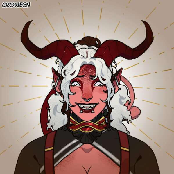 picrew by crowesn of a ghoul with light pink skin, messy curly white hair, red horns that curve up then back, and a tail thats shaped like a heart. she has an anxious smile.
