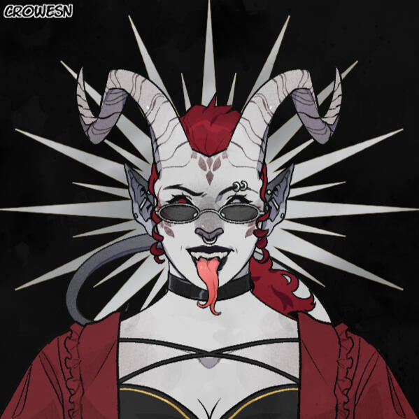 picrew by crowesn of a ghoul with grey skin, red hair tied into a ponytail, horns that curve back and then up, and eyes with black sclera. the visual left eye has a red iris, while the visual right has a white one.